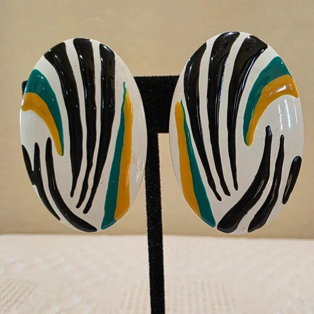 Vintage Boho Chic Tribal Metal Oval White Black Green and Yellow Stripe Earrings
